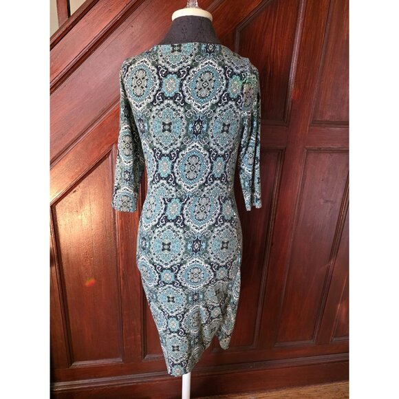 Talbots Petite Green & Blue Paisley Print Dress Sp Rusched - Picture 2 of 8